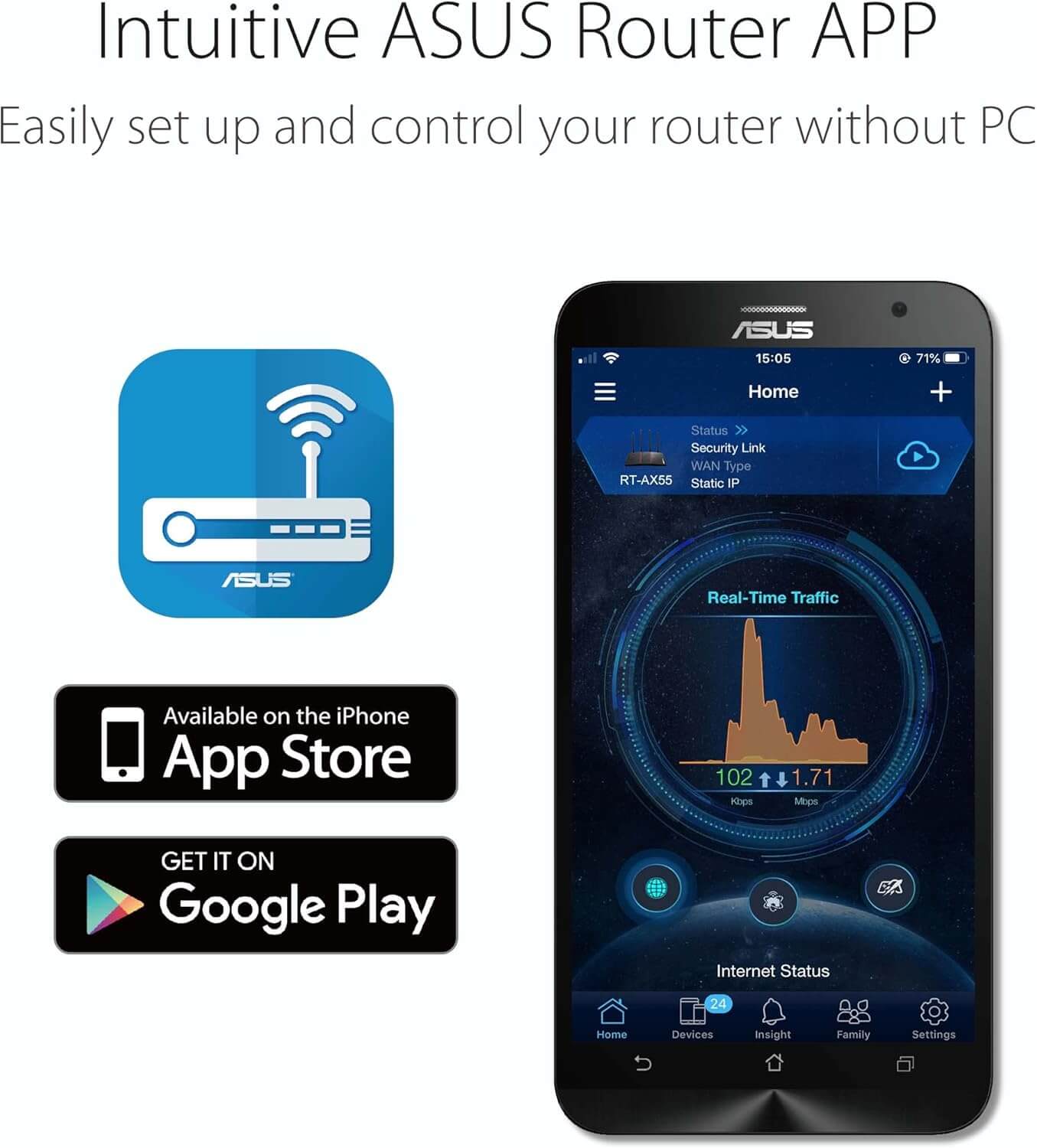 ASUS RT-AX52 AX1800 Dual Band WiFi 6 Extendable Router