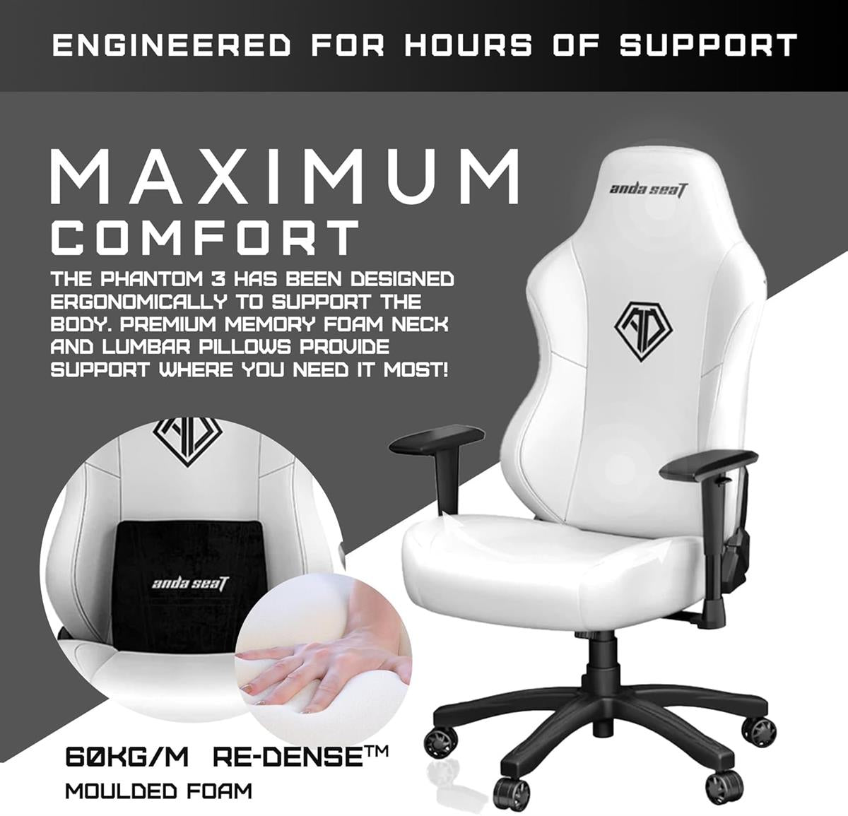 AndaSeat Phantom 3 Series Premium Office Gaming Chair - Cloudy White