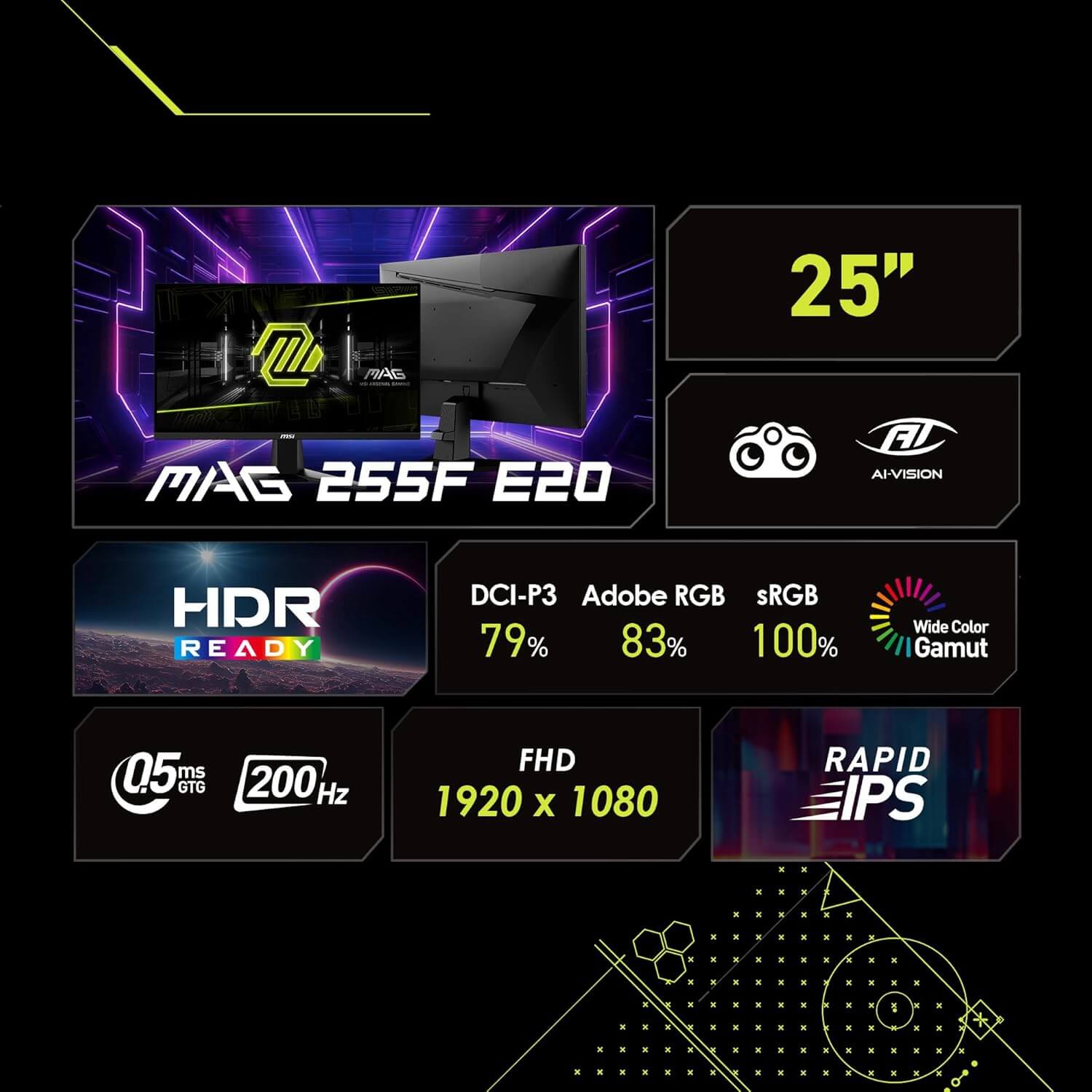 MSI MAG 255F E20 25" Full HD 200Hz 0.5ms IPS Gaming Monitor