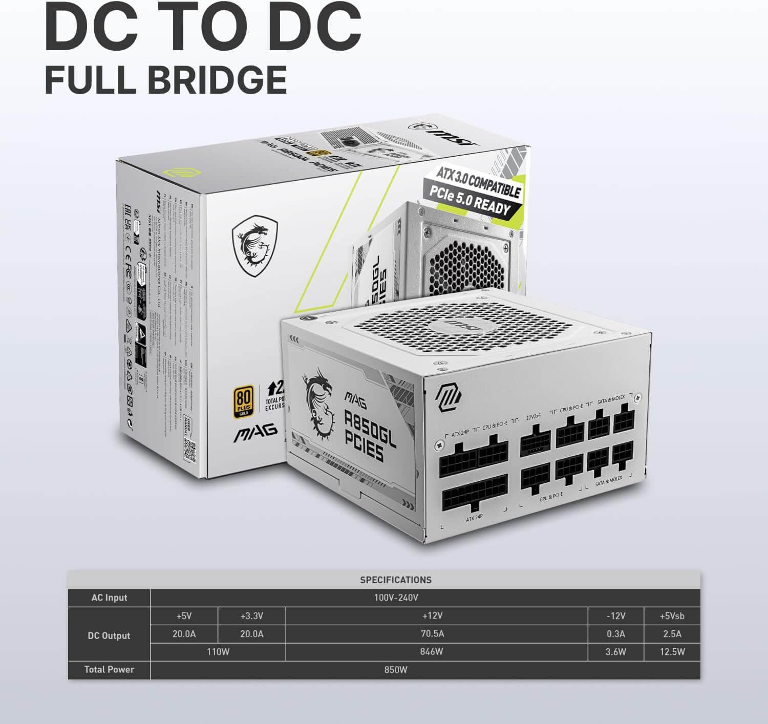 MSI MAG A850GL PCIE 5 850W 80+ Gold Fully Modular Power Supply