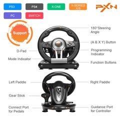 PXN V3 PRO 180 Degree Game Steering Wheel with Pedals for Xbox One, Xbox Series S/X, PS3, PS4, Switch