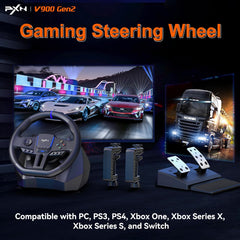 PXN V900 GEN2 270/900 Degree Race Steering Wheel with Pedals for PC, PS3, PS4, Xbox One, Xbox Series X/S, Switch