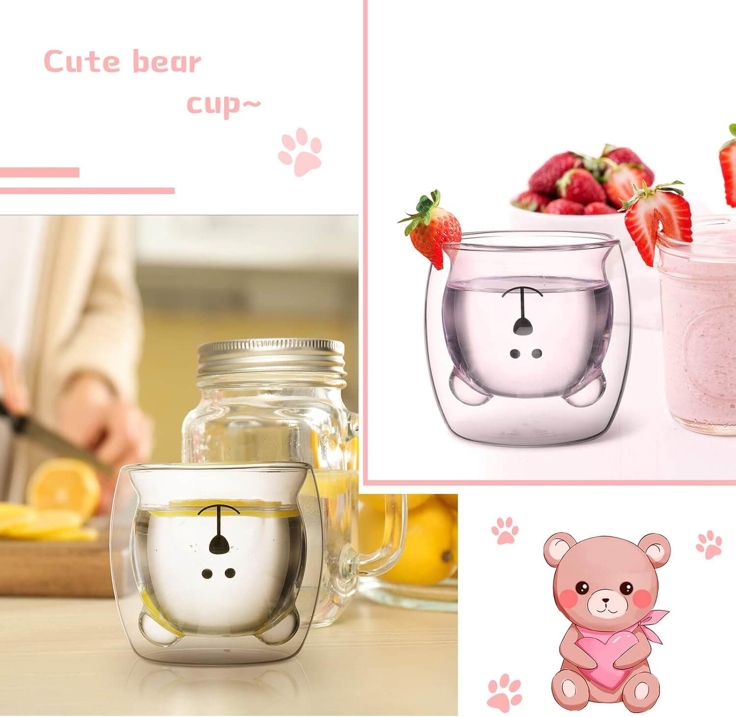 Prismora Double Layer Glass Cute Bear Mug 300ml - Pink